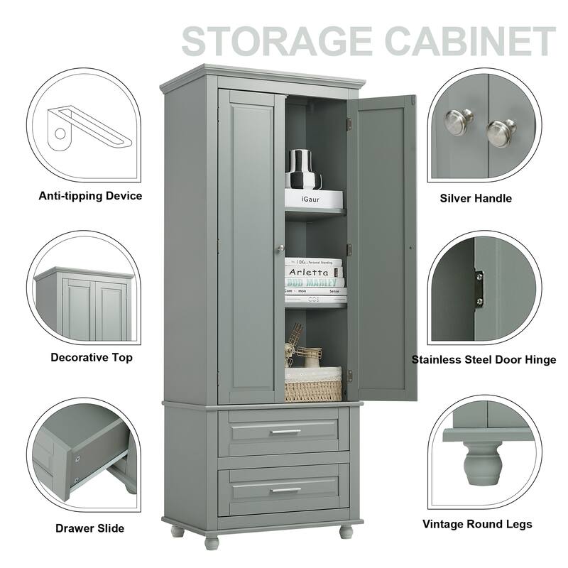 Freestanding Tall Storage Cabinet with 2 Drawers, 2 Doors, Round Legs and Adjustable Shelf for Bathroom Office Kitchen