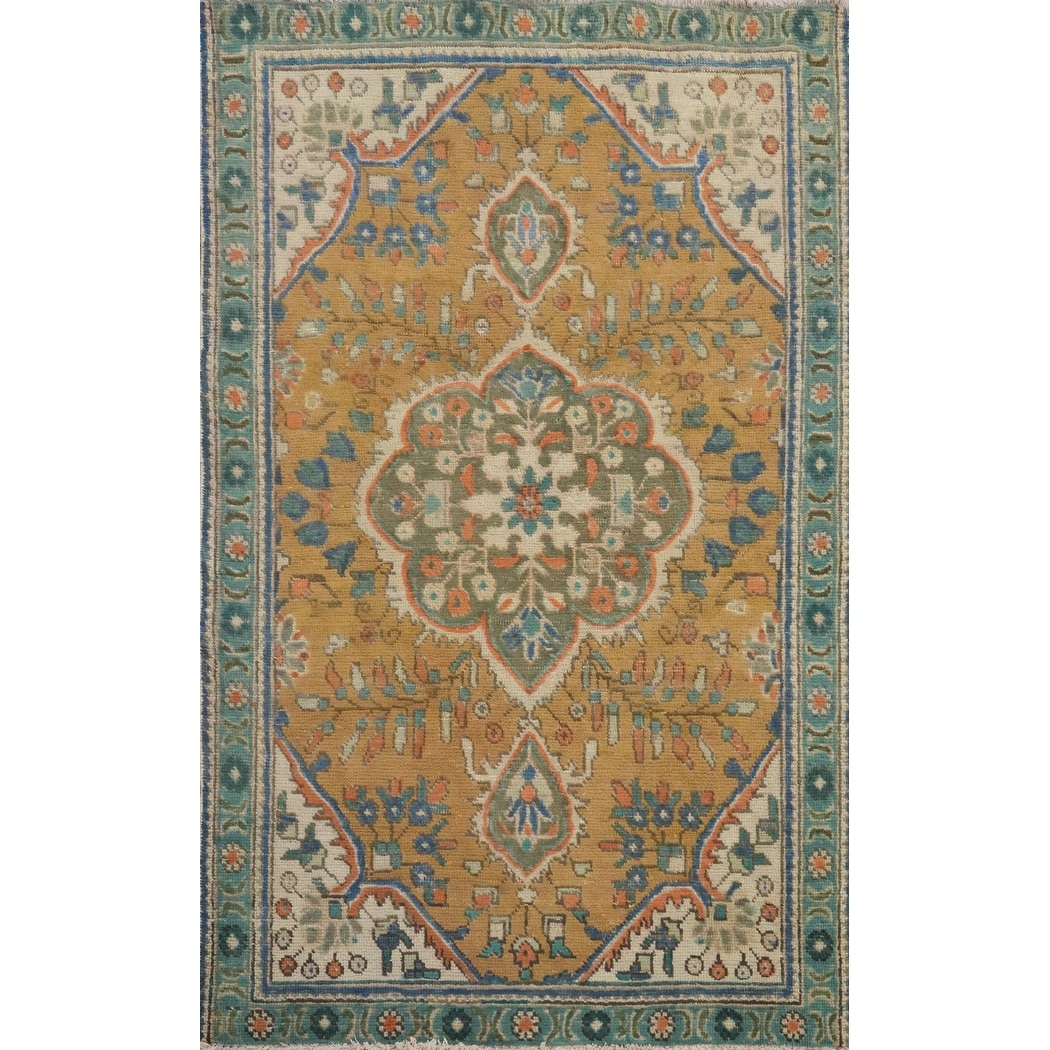 Hand Knotted Oriental 100% Wool Carpet Traditional Floral Oranges & Rust Tabriz Area Rug - 4' 10'' X 3' 2''