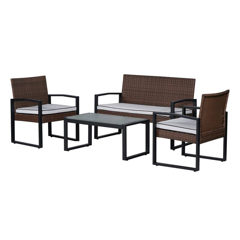 Thom 4-Piece Modern Coastal Faux Wicker Conversation Outdoor Patio Set, by JONATHAN Y