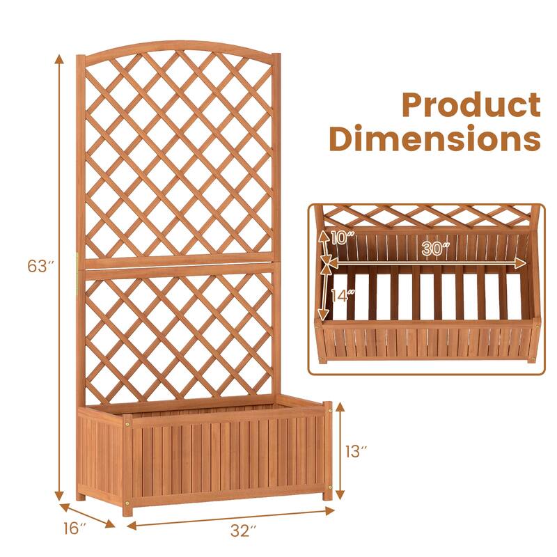 Natural Acacia Wood Raised Garden Bed with Diamond Trellis and Large Planter - 80 x 40 x 160 cm