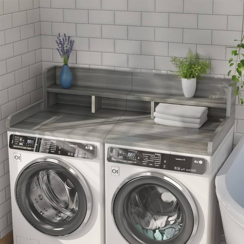 2-Tier Washer Dryer Countertop, 54" W x 27.5" D Laundry Countertop for Folding Clothes, Dual Storage & Edge Guard