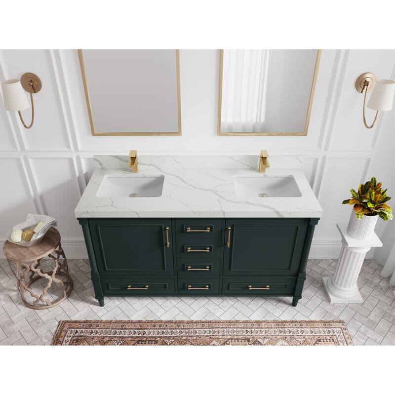 Willow Collections 60 in. W x 22 in. D Aberdeen Double Sink Bathroom Vanity with Countertop - 2" Calacatta Laza - Dark Forest Green