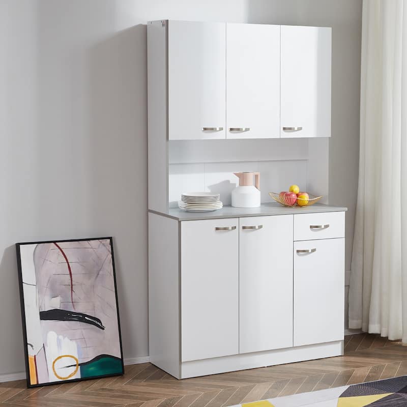 HOMCOM 71" Freestanding Kitchen Buffet Hutch Cupboard with 6 Doors, 3 Adjustable Shelves, and 1 Drawer, White