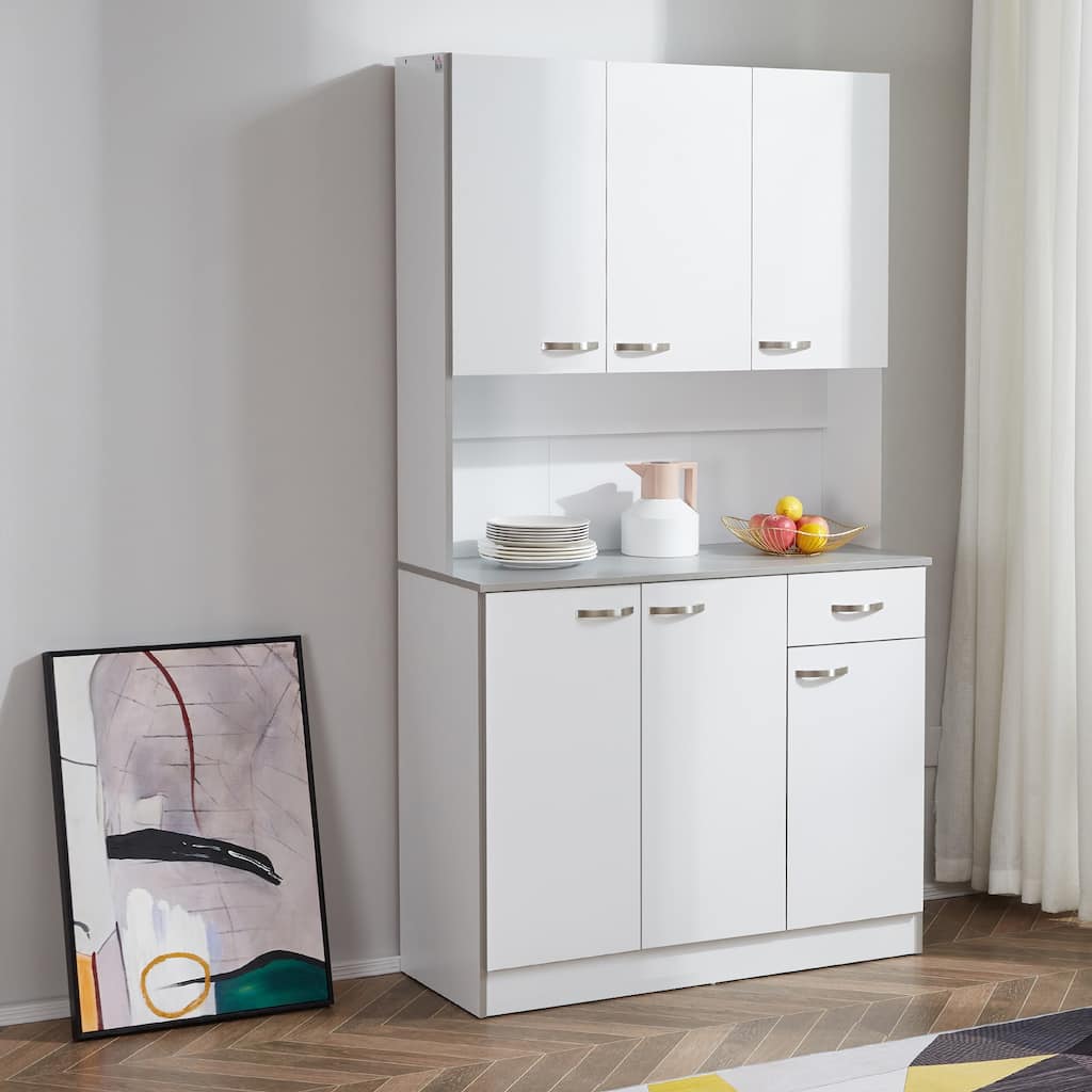 HOMCOM 71" Freestanding Kitchen Buffet Hutch Cupboard with 6 Doors, 3 Adjustable Shelves, and 1 Drawer, White