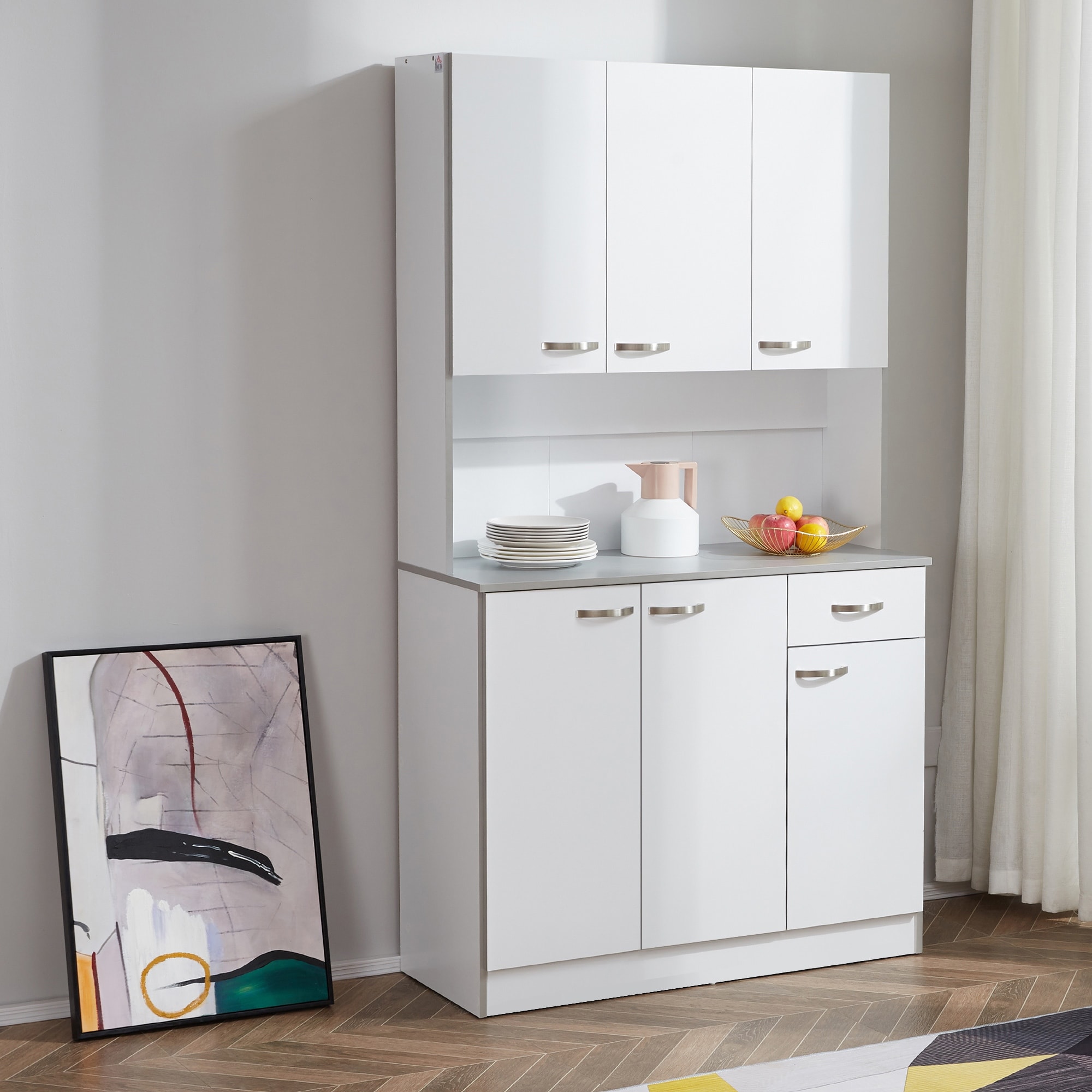 HOMCOM 71" Freestanding Kitchen Buffet Hutch Cupboard with 6 Doors, 3 Adjustable Shelves, and 1 Drawer, White