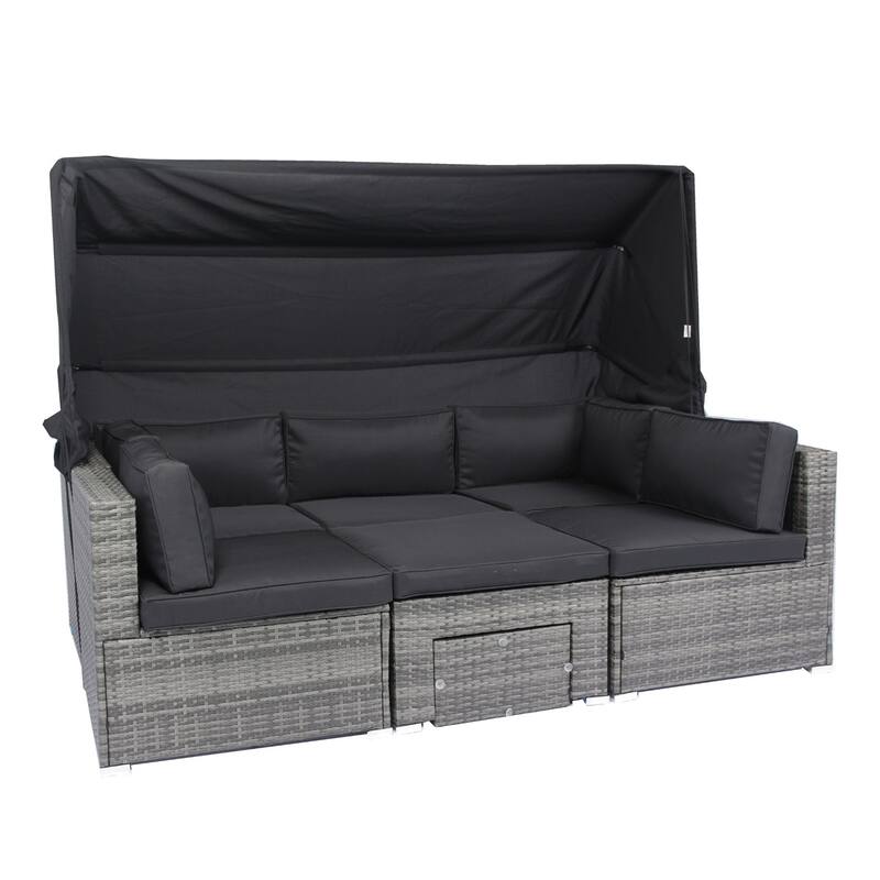 7-Piece Outdoor Grey Wicker Sectional Sofa Set with Retractable Canopy
