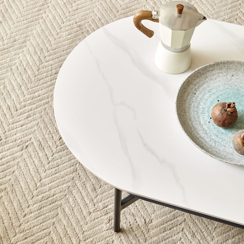 Oval Coffee Table with Bright Sintered Stone Top, 2-Tier Center Table with Metal Frame and Walnut finish Storage Shelf