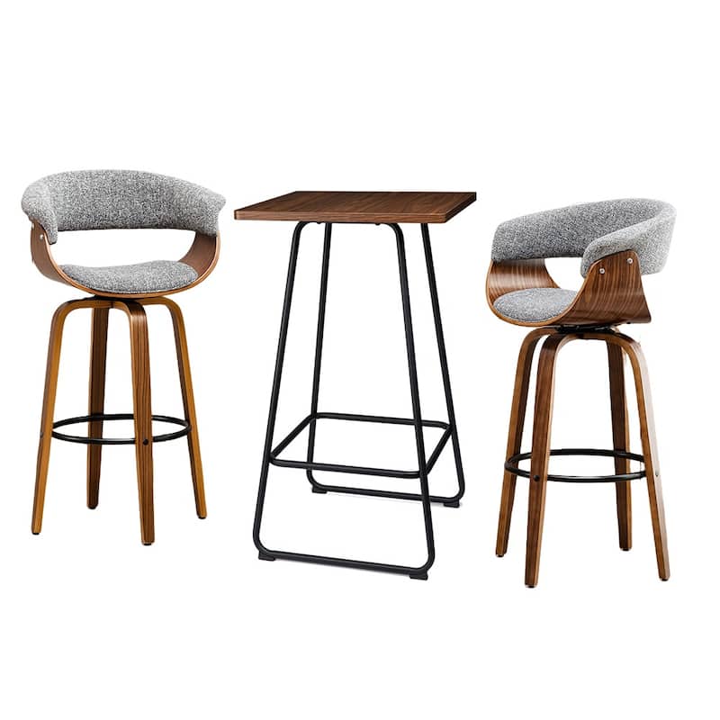 Glitzhome Small Space Set of 3 Swivel High Bar Stool Kitchen Chairs & Square Wood Top Pub Table - Brown Table & Gray Fabric Chairs