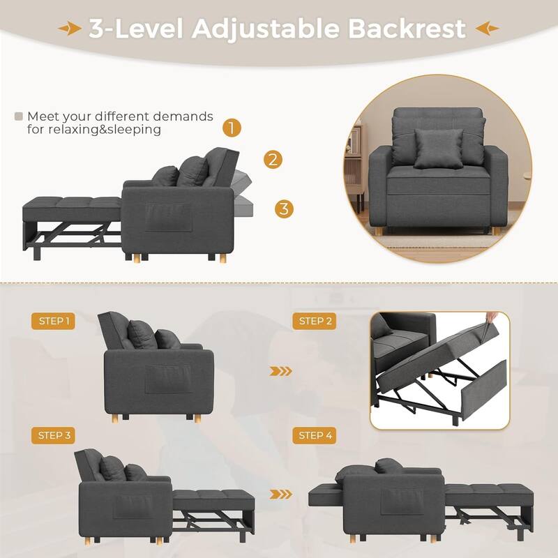 AECOJOY Adjustable Sleeper Chair Bed 3-in-1 Convertible Futon Sofa