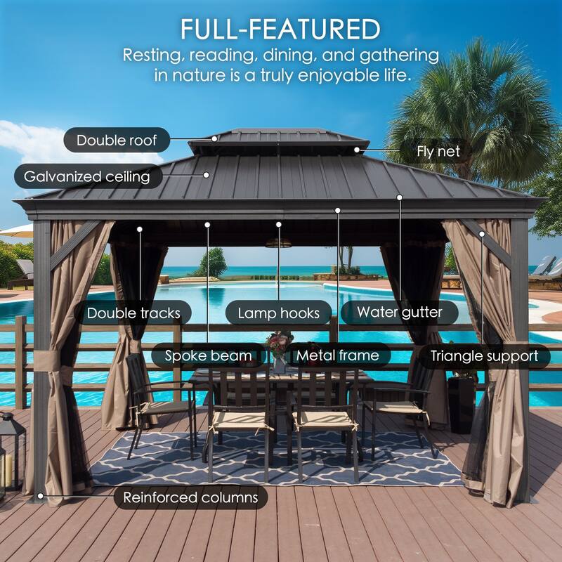 Kozyard Alexander Hardtop Aluminum Gazebo with Mosquito Net and Privacy Curtain