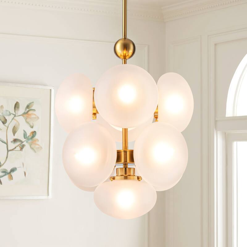 9-Light Modern Glam Gold Cluster Frosted Opal Globe Glass Chandelier for Dining Room, Living Room