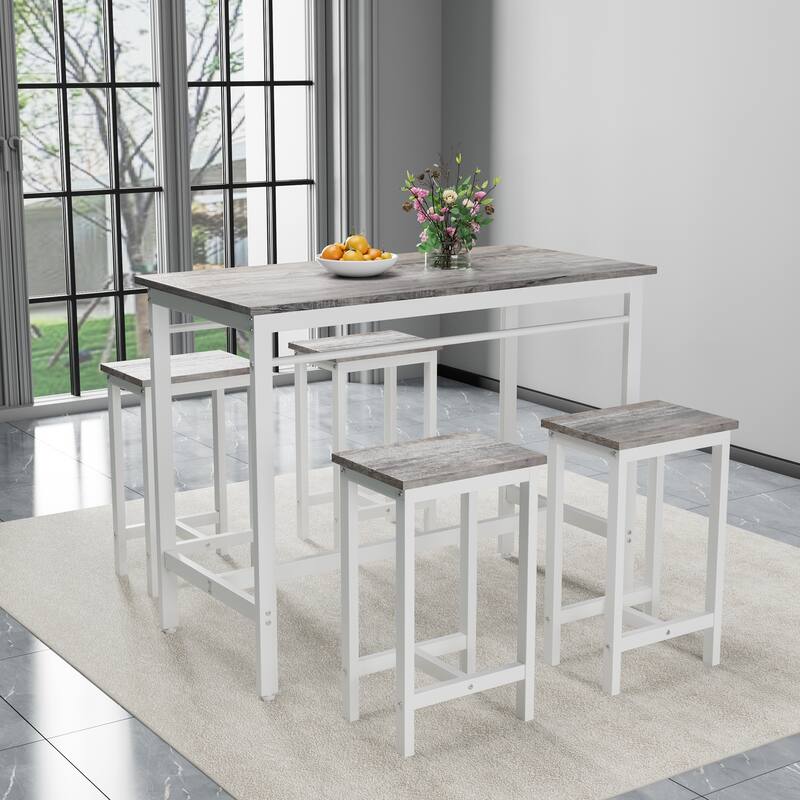 5-piece modern kitchen table with four bar stools Bar table set 5PC,metal frame and MDF, white oak,47.5''L x 23.7''W x 35.5''H