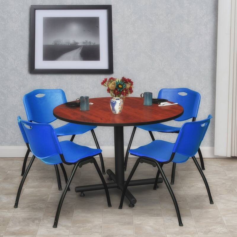48 in. Round Breakroom Table- Cherry & 4 'M' Stack Chairs- Blue