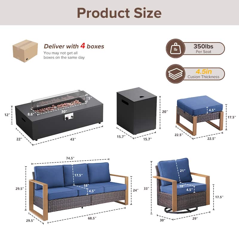 Meyreso Wicker Outdoor Patio Fire Pit Set with Swivel Gliders & 4.5-Inch Olefin Cushions