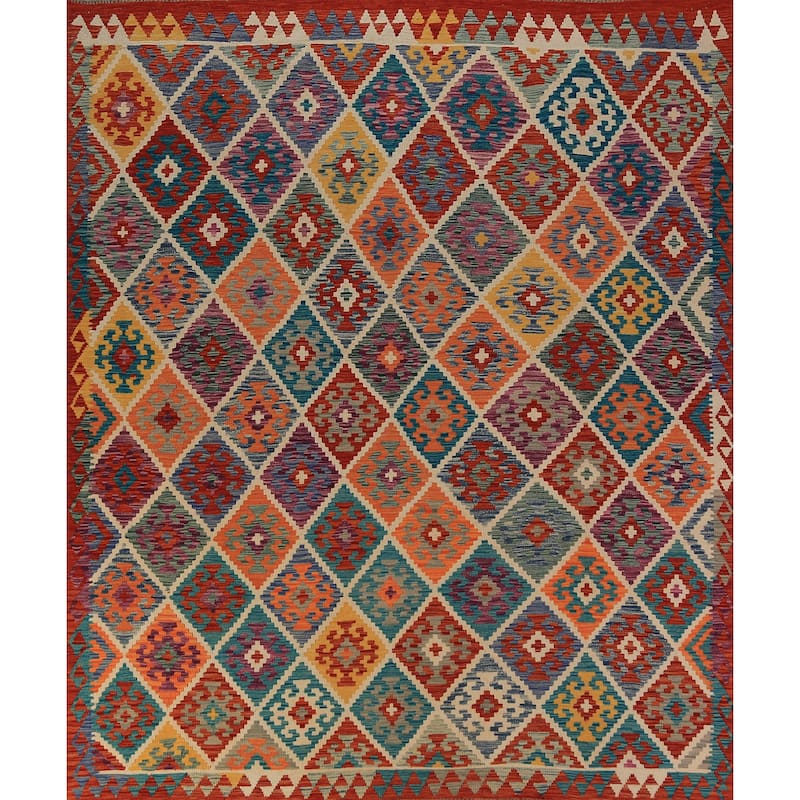 Trellis Kilim Oriental Area Rug Flatweave Reversible Wool Carpet - 8'2"x 9'7"