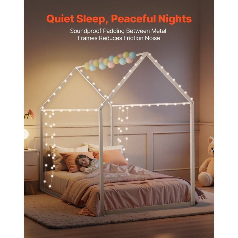 Twin Size White Metal Kids House Bed Frame with Floor Safety and Roof Creative Play Space