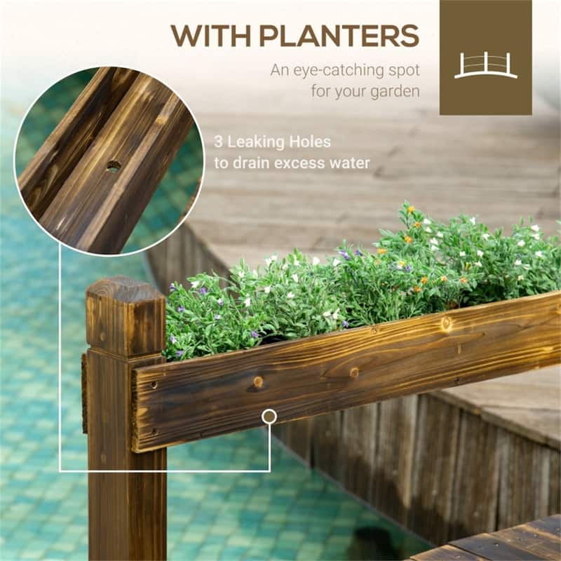 Solid Fir Wood Garden Bridge with Arched Handrails and Planters for Zen Gardens Walkways Ponds
