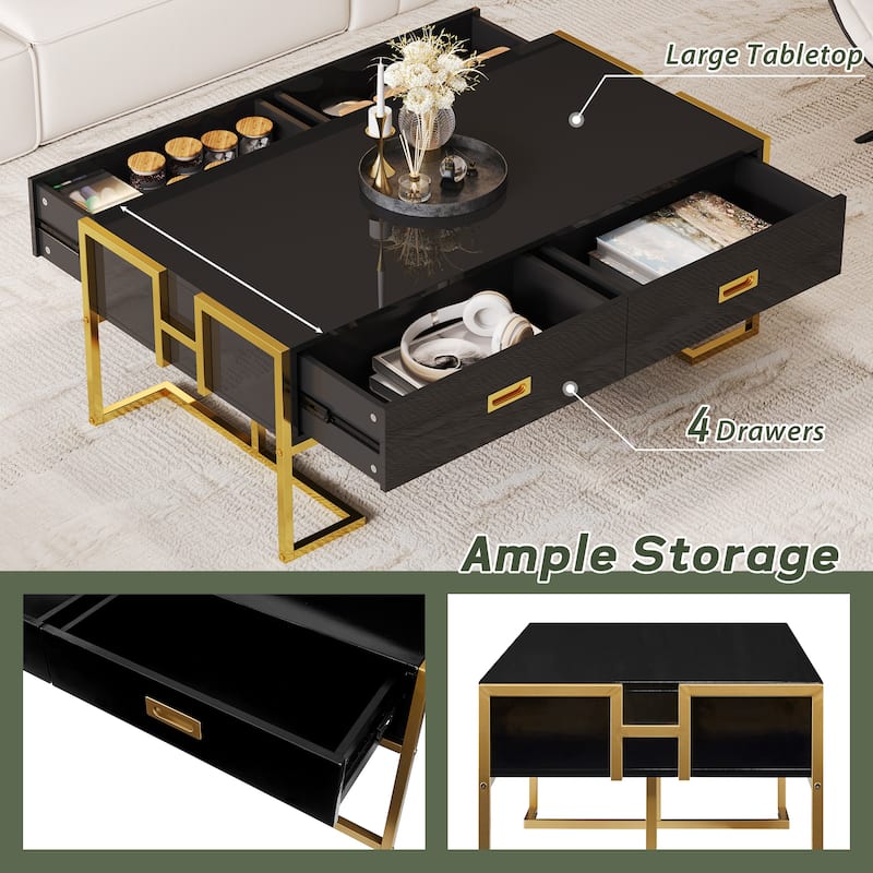 Modern Rectangular Coffee Table with 4 Drawers and Gold Base in 47.3"