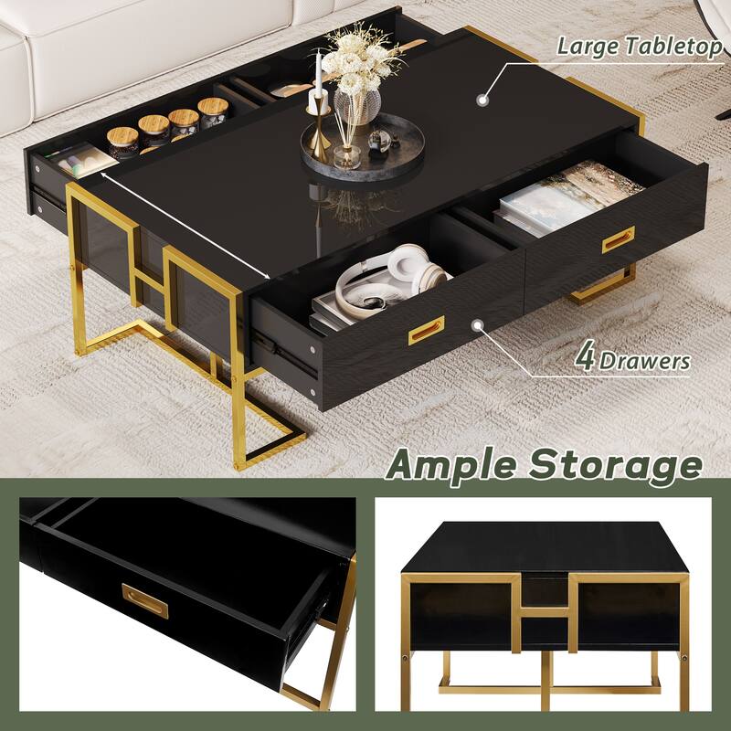 Roomfitters Modern Rectangular Coffee Table with Gold Base, 4 Storage Drawers, High Gloss Finish, 47.3"