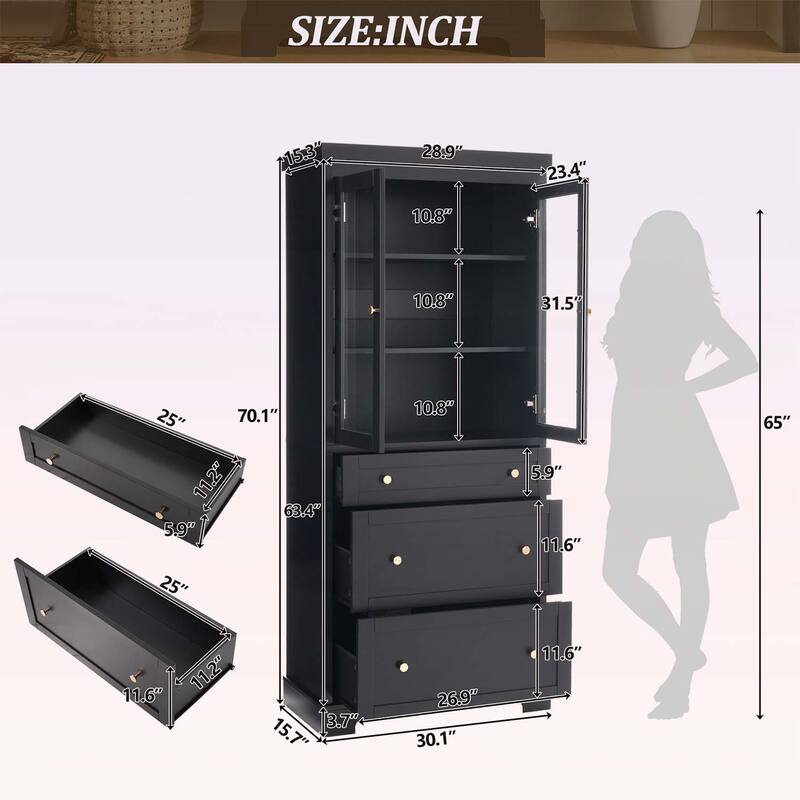 Freestanding Tall Cabinet with 2 Adjustable Shelves,3 Drawers,- Ideal for Bathroom,Living Room,and Kitchen Storage