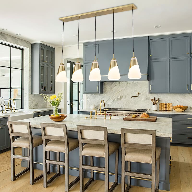 5-Light Gold Pendant Light with White Opal Glass Cone Shades - W 45.43-in