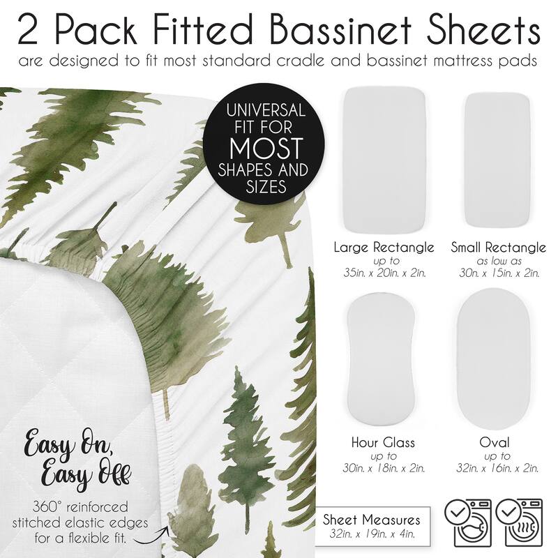 Sweet Jojo Designs Sage Green Woodland Boy, Girl, Unisex/Gender Neutral 2 Pack Baby Bassinet Fitted Sheets -Hunter & Forest Tree