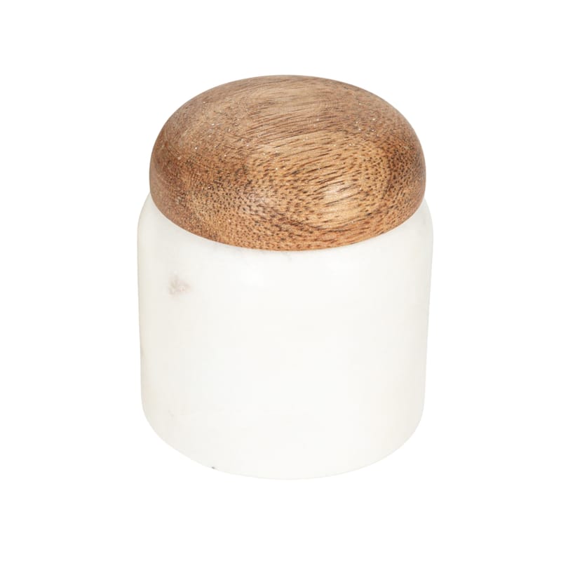 Marble and Mango Wood Pinch Pot with Lid - WN2 - 3" Round x 3-1/4"H - White & Natural II