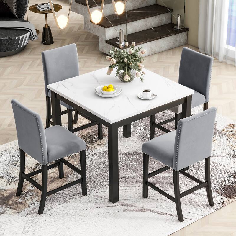 5-piece Counter Height Dining Table Set with 4 Velvet Upholstered Dining Chairs Faux Marble Desktop Square Dining Table - Grey