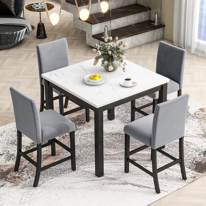 GDFStudio - Vornell Modern 5-Piece Counter Height Dining Table Set with Faux Marble Top & 4 Velvet Upholstered Chairs - Grey