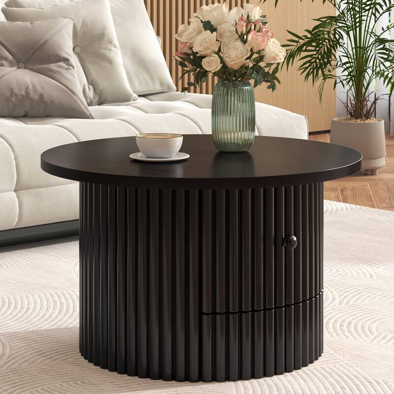Roomfitters Round Coffee Table, Center Table with Vertical Slat Base and Hidden Storage, 30-Inch Modern Farmhouse Design