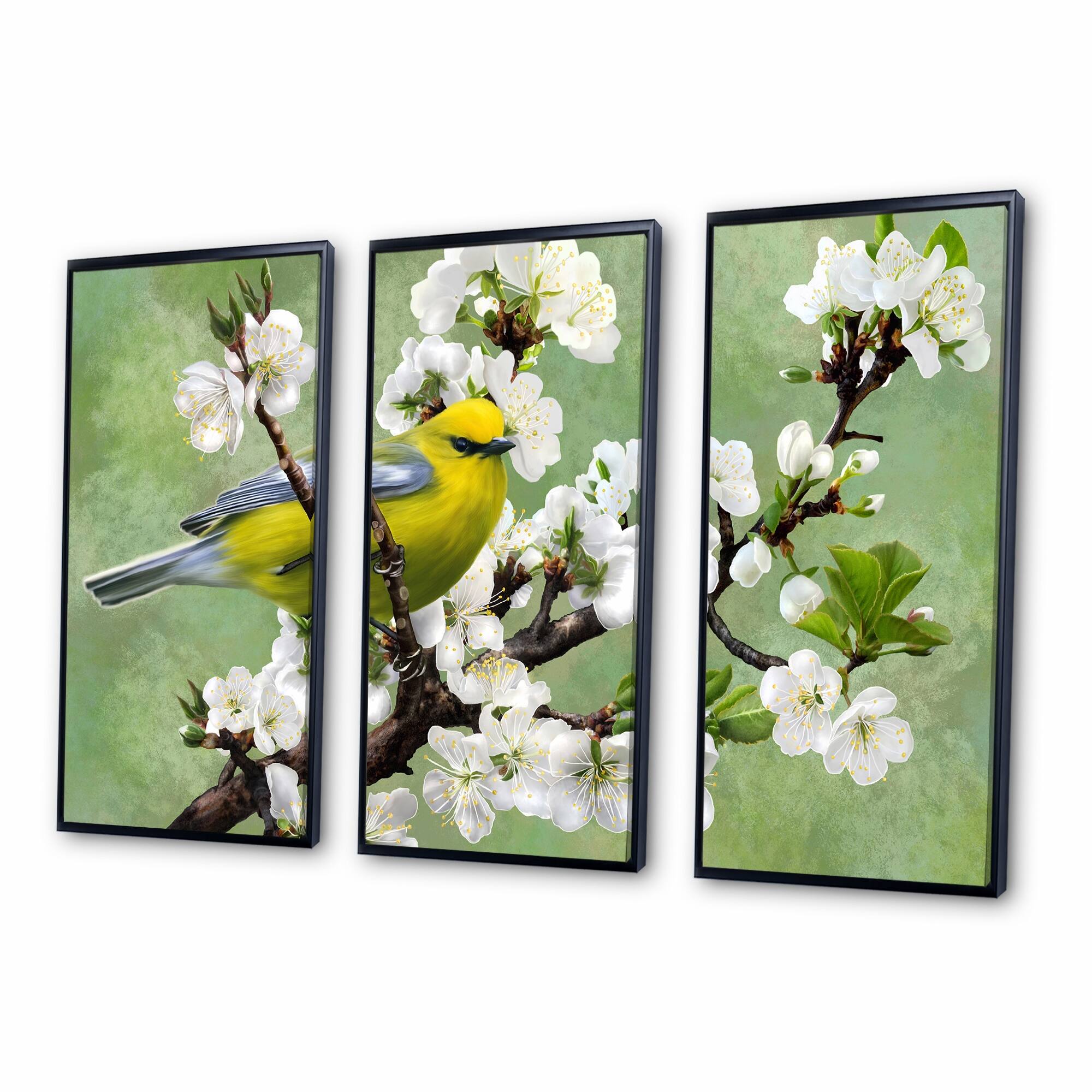 Designart "Bird On A Branch of Cherry" Traditional Framed Wall Art Set