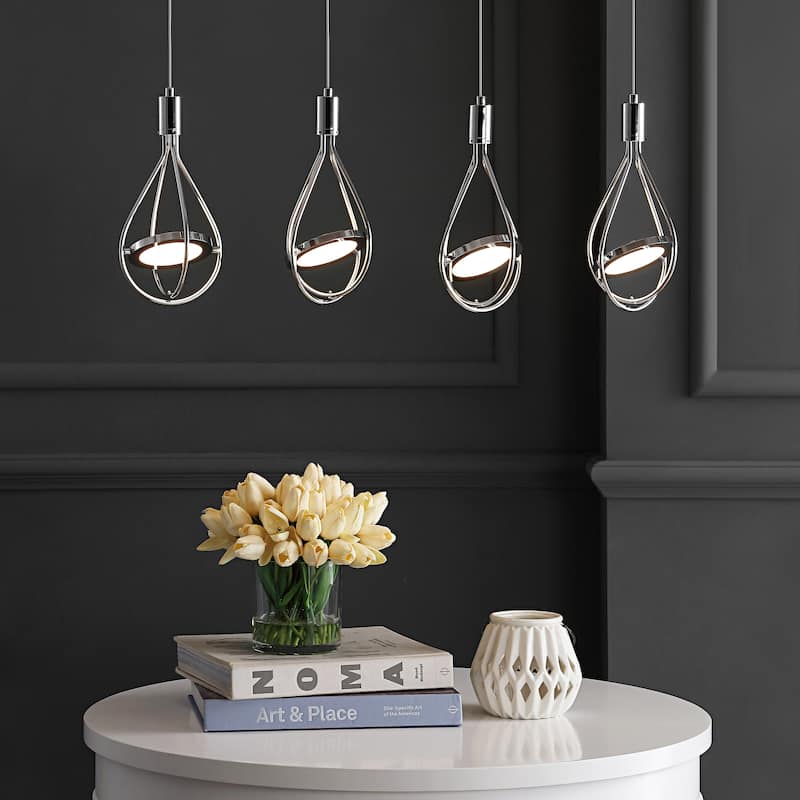 Alain 29" Adjustable Modern Integrated 4-Light Linear LED Metal Pendant, Chrome by JONATHAN Y