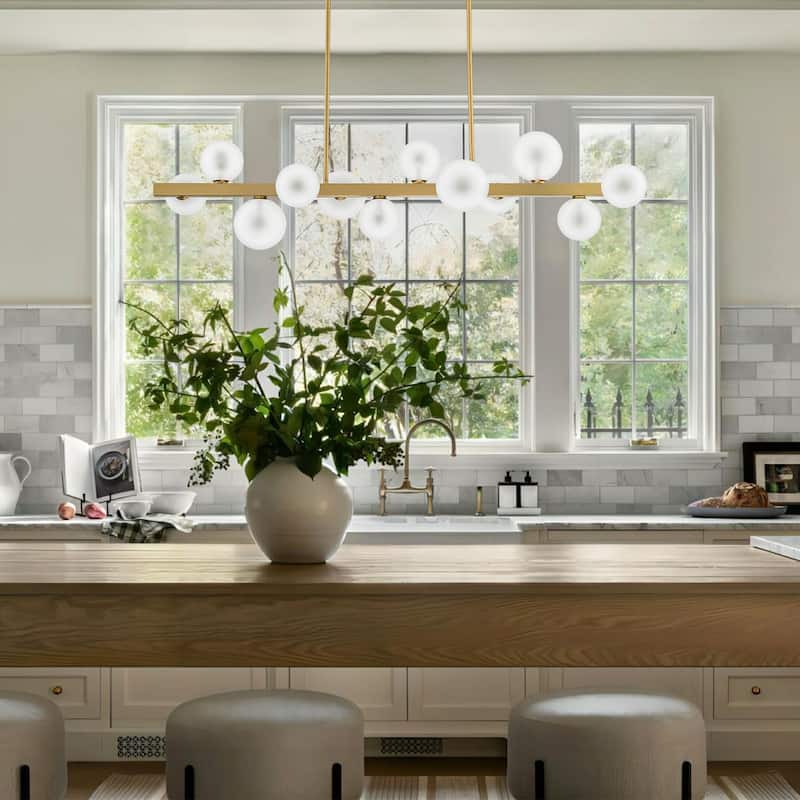 12-Light Modern Brushed Gold Linear Gluster Glass Kitchen Island Pendant Sputnik Frosted Opal Glass Globe Bubble Chandelier