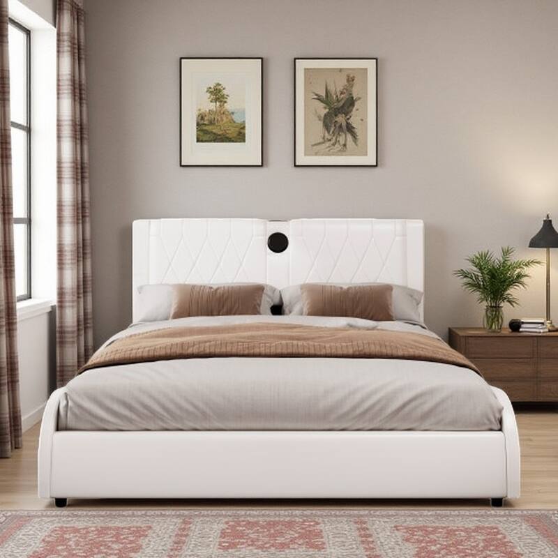 King Size Faux Leather Upholstered Platform Bed with RGB LED Lights, Bluetooth Speakers, Thickened Headboard - White - King
