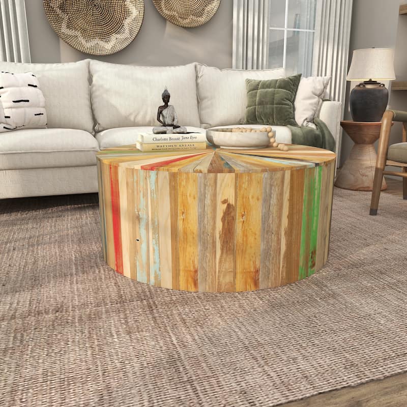 Brown Reclaimed Wood Handmade Pinwheel Drum Geometric Coffee Table with Colorful Painted Accents