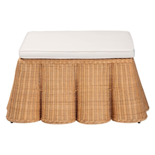 Palm Scallop Natural Rattan Ottoman with Cushion – Handwoven