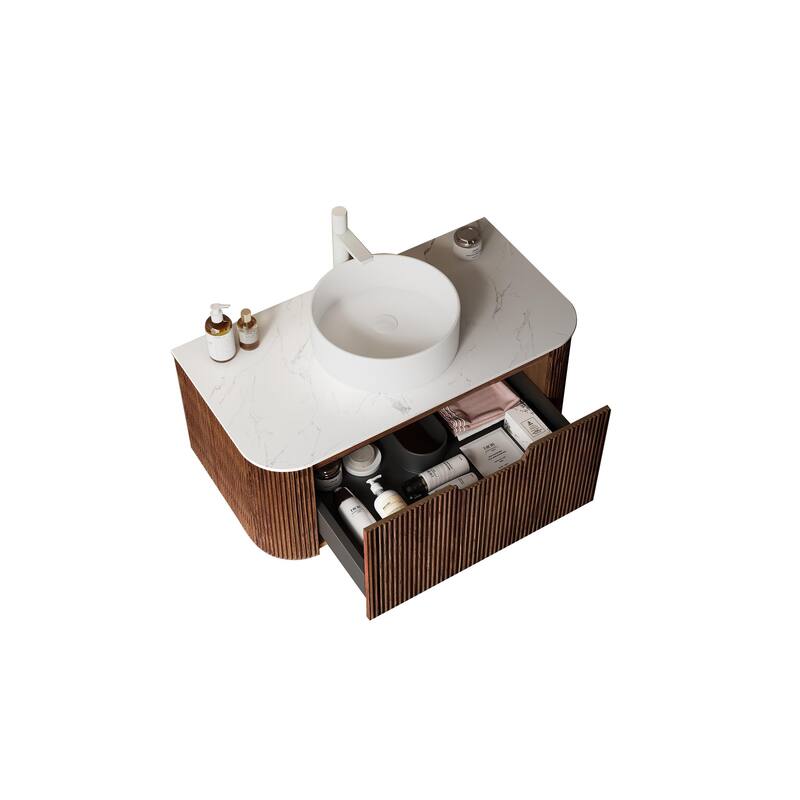 GDFStudio - Dina Modern 36" Floating Bathroom Vanity with Striped Curved Drawer & White Round Ceramic Basin, WITHOUT Faucet