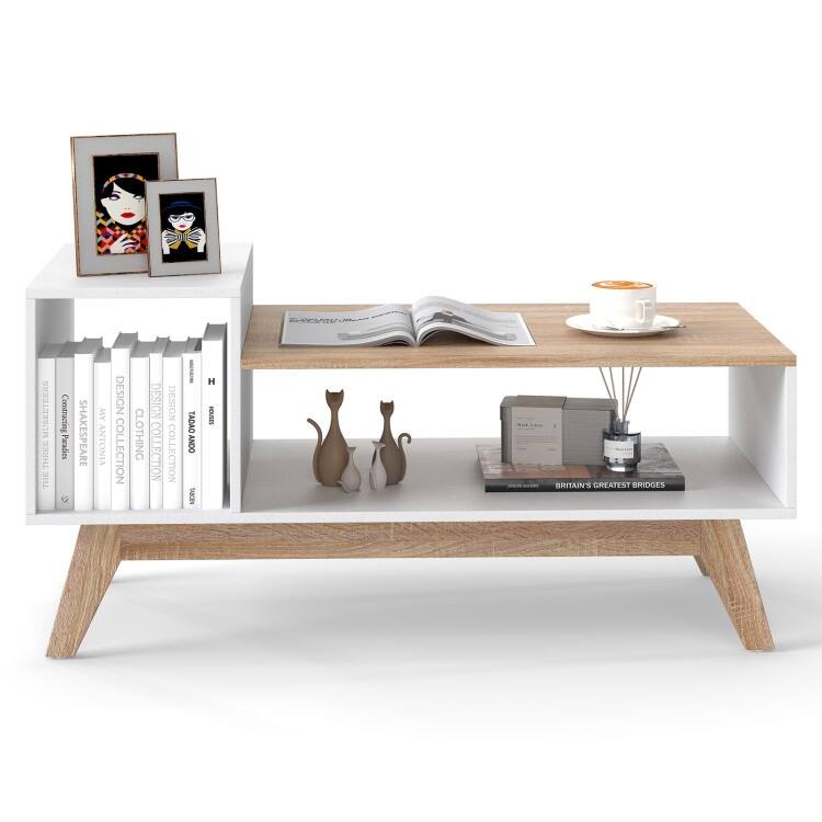 White-Natural Engineered Wood MDF Coffee Table with Stepped Storage and Compartments - 43" x 19" x 21"