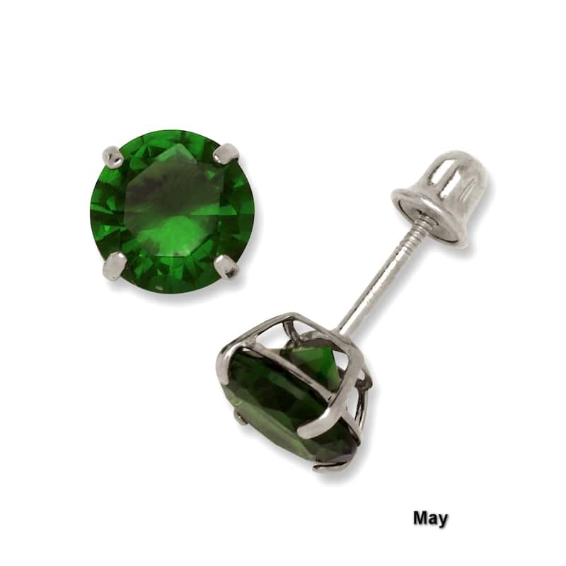 14K White Gold 6mm Round Cubic Zircornia Birthstone Basket-Set Solitaire Screw-back Stud Earrings (12 colors)