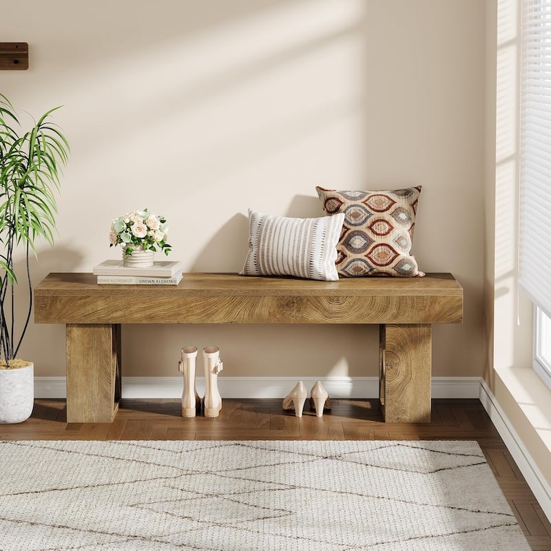 55" Extra Long Entryway Bench, Farmhouse Wooden Entry Shoe Bench Seat for Hallway, Bedroom, Living Room, Brown