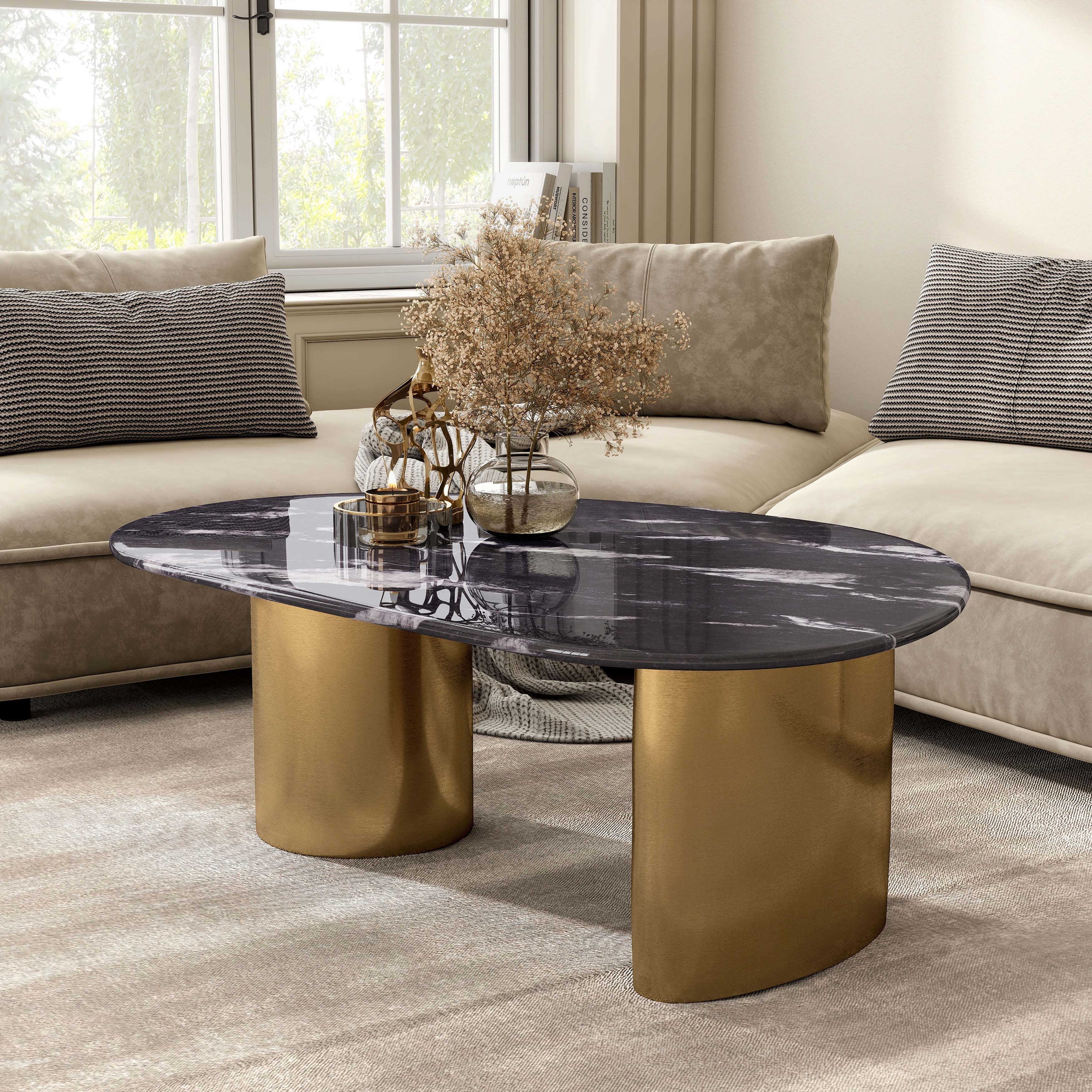 Furniture of America Luvien Modern Grey Sintered Stone Top Oval Coffee Table with Gold Legs
