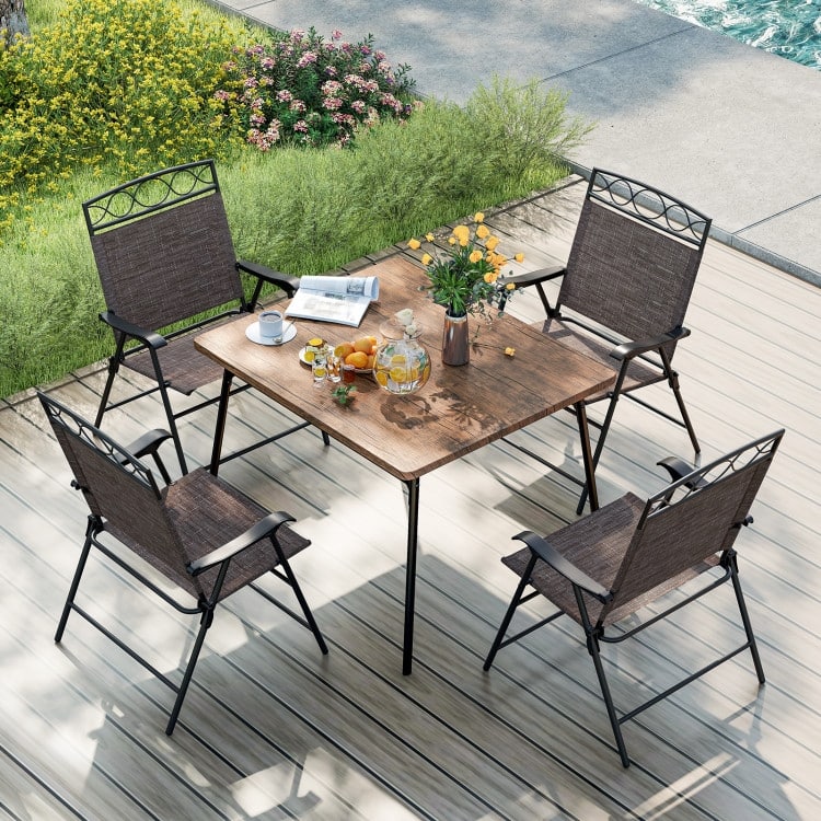 Brown Folding Patio Folding Chairs Set of 4 with Metal Frame and Ergonomic Design - 25.5" x 24" x 36" (L x W x H)