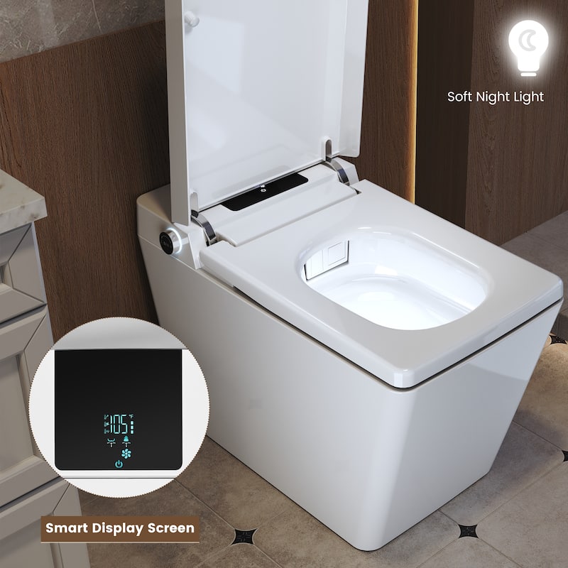 Elongated Smart Bidet Toilet with Foot Sensor, Auto Flush, LED Display, Heated Seat