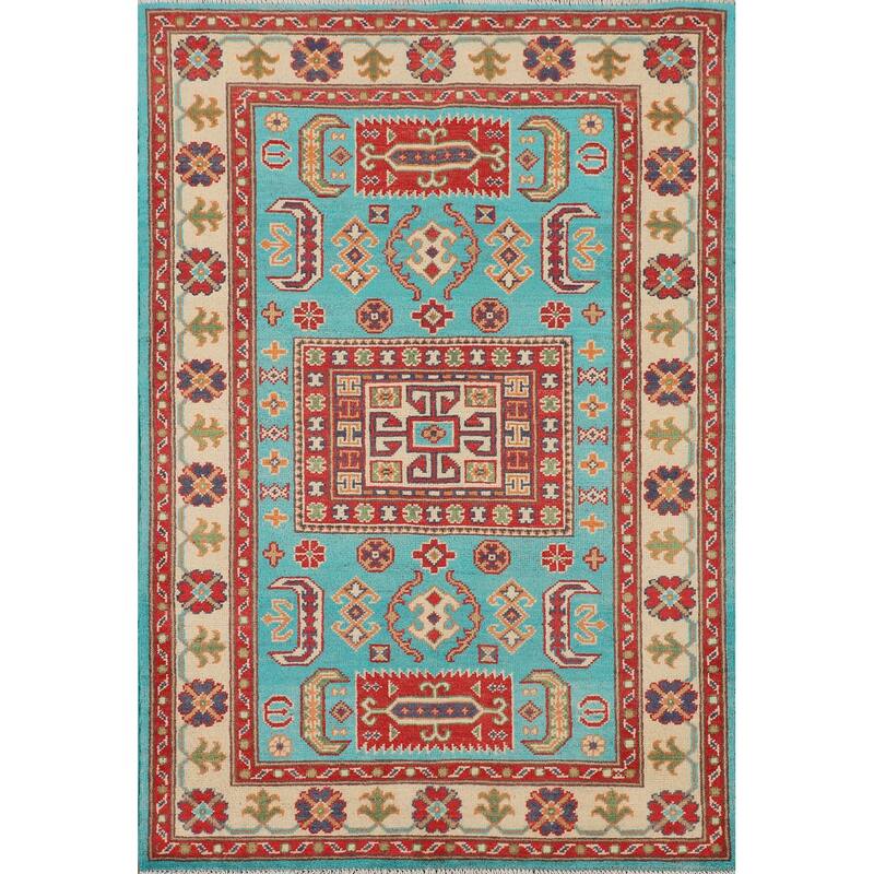 Turquoise Blue Kazak Oriental Accent Rug Handmade Wool Carpet - 3'3" x 4'11"