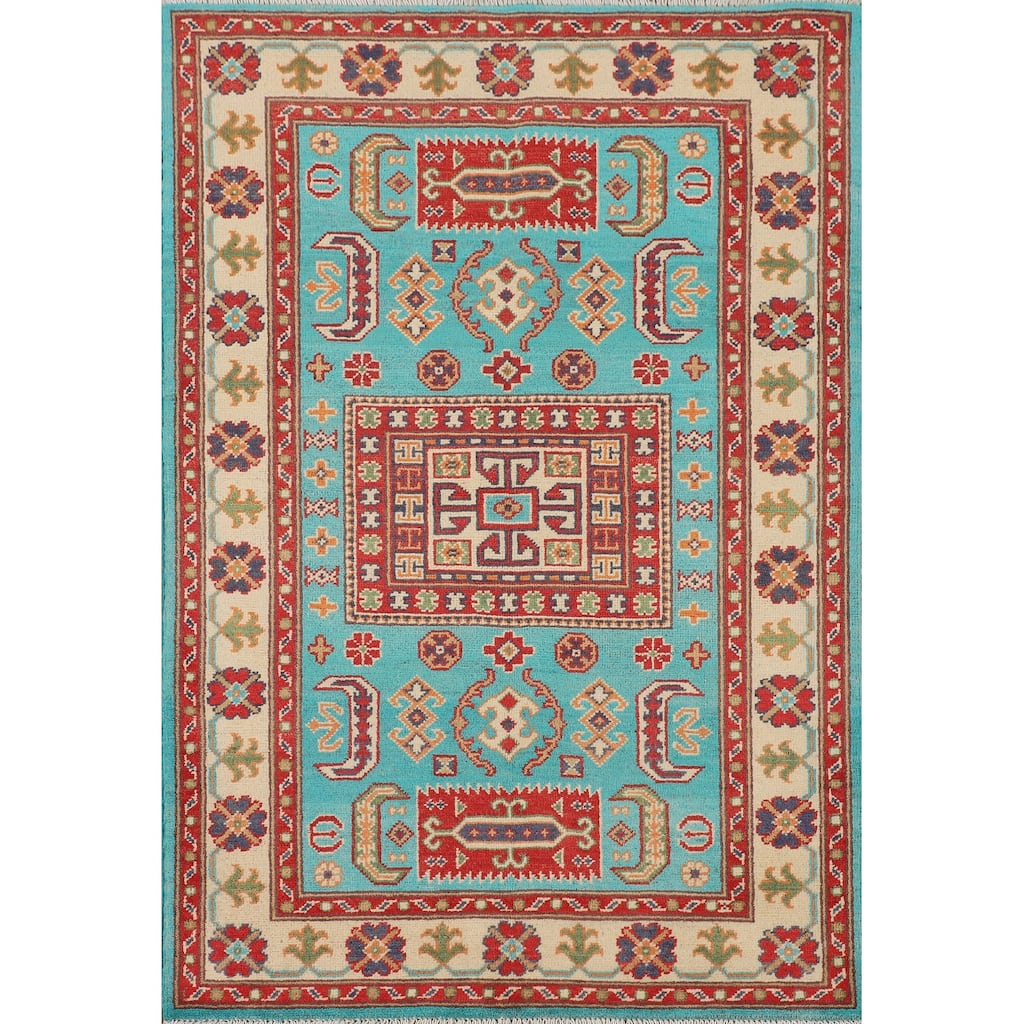 Turquoise Blue Kazak Oriental Accent Rug Handmade Wool Carpet - 3'3" x 4'11"