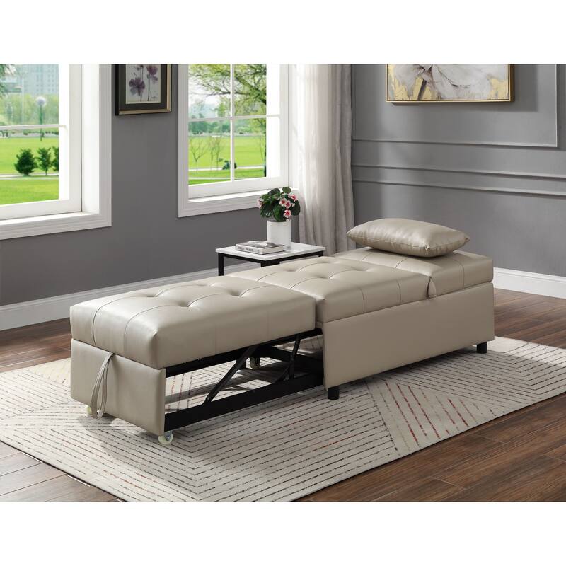 Home Adjustable Hidalgo Pull-out Sleeper PU Leather Sofa Bed- Beige