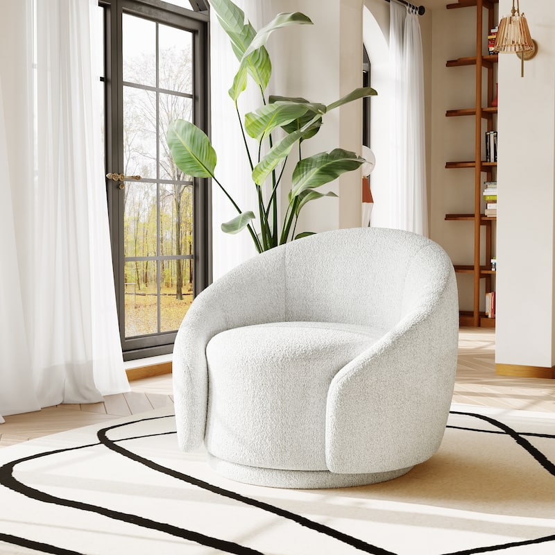 35" Wide Velvet/ Boucle Swivel Barrel Accent Chair - Boucle - White
