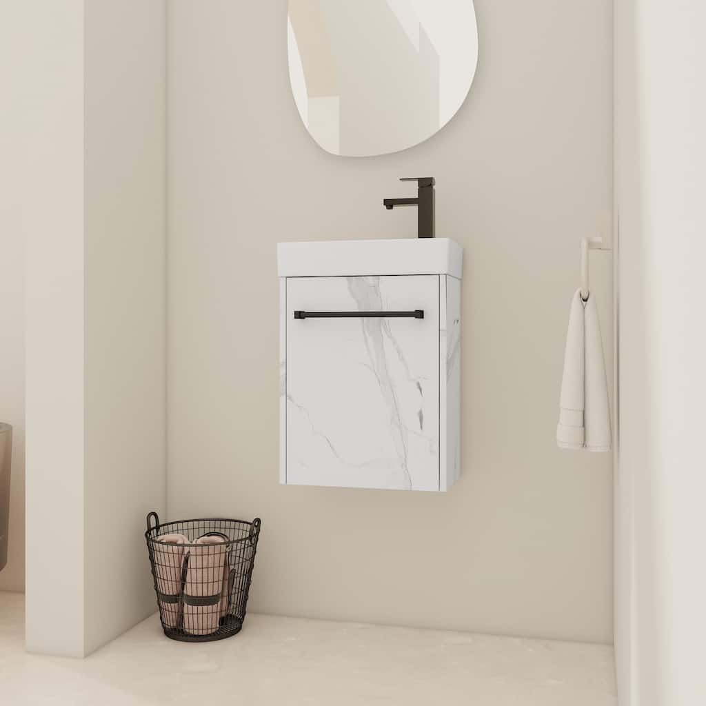16" Wall-Mounted Bathroom Vanity with Carrara White Ceramic Sink, Soft-Close Doors, and Ample Storage