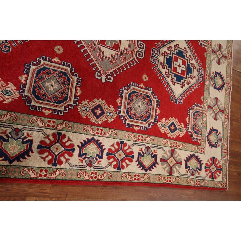 Geometric Kazak Rug Hand-Knotted Bedroom Red Wool Carpet - 5'9" x 7'7"