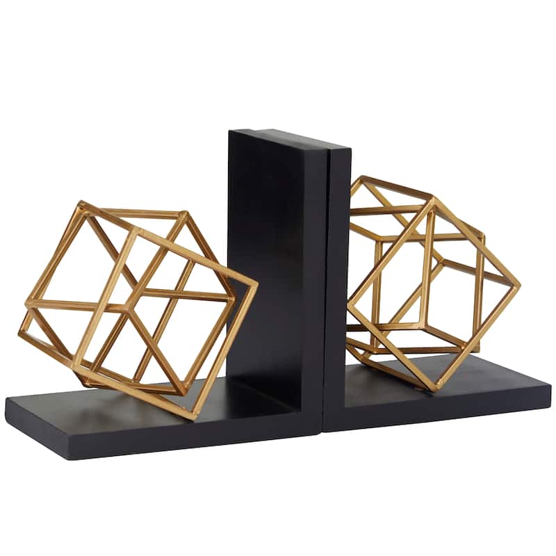 Stainless Steel Metal Geometric Overlapping Cube Bookends with Black Bases - Set of 2 Gold - Roche River Decor - 6"W x 8"L x 8"H